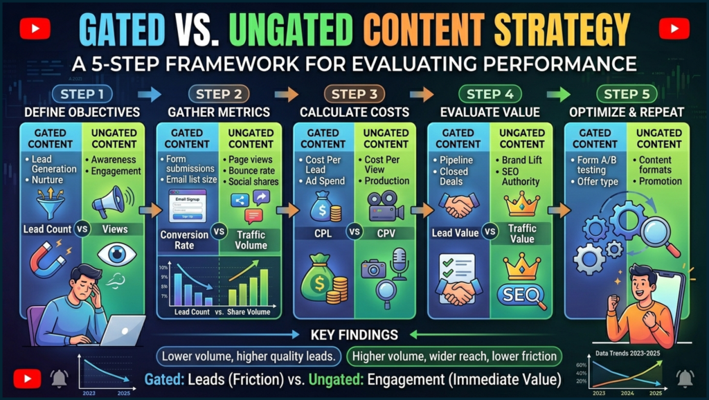 Five-step framework comparing gated vs ungated content strategy performance metrics