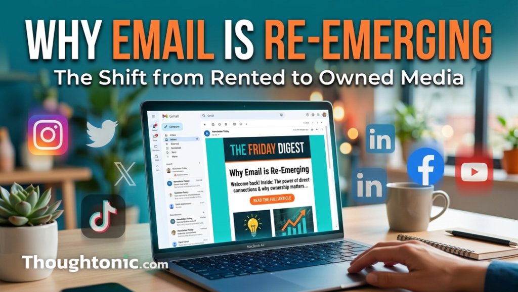 A laptop screen showing an email newsletter open in an inbox, with social media icons fading into the background, representing the shift from rented to owned media
