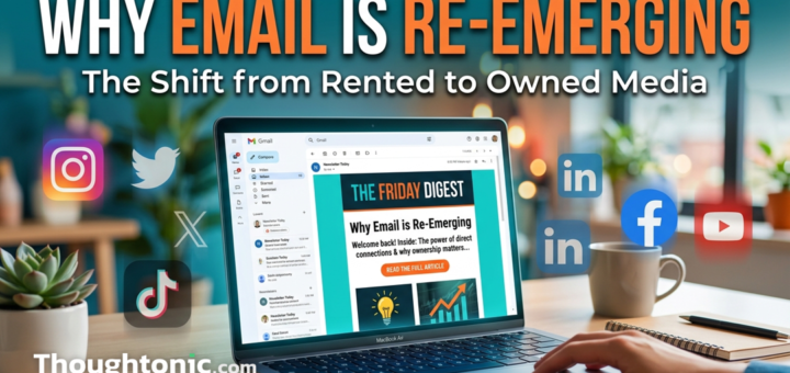 A laptop screen showing an email newsletter open in an inbox, with social media icons fading into the background, representing the shift from rented to owned media