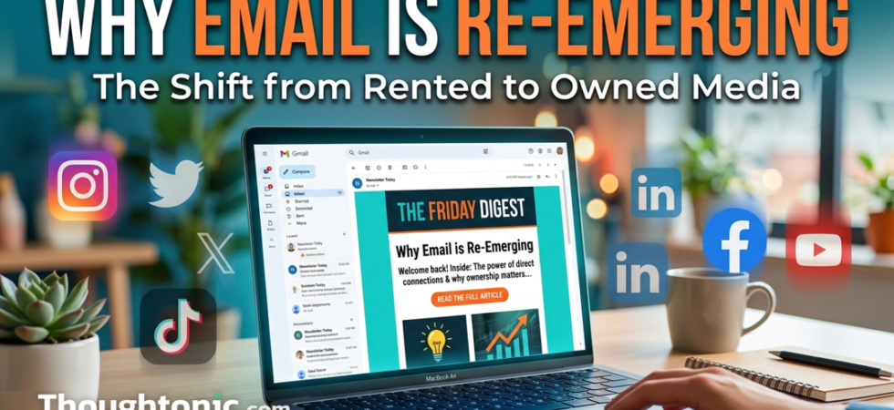 A laptop screen showing an email newsletter open in an inbox, with social media icons fading into the background, representing the shift from rented to owned media