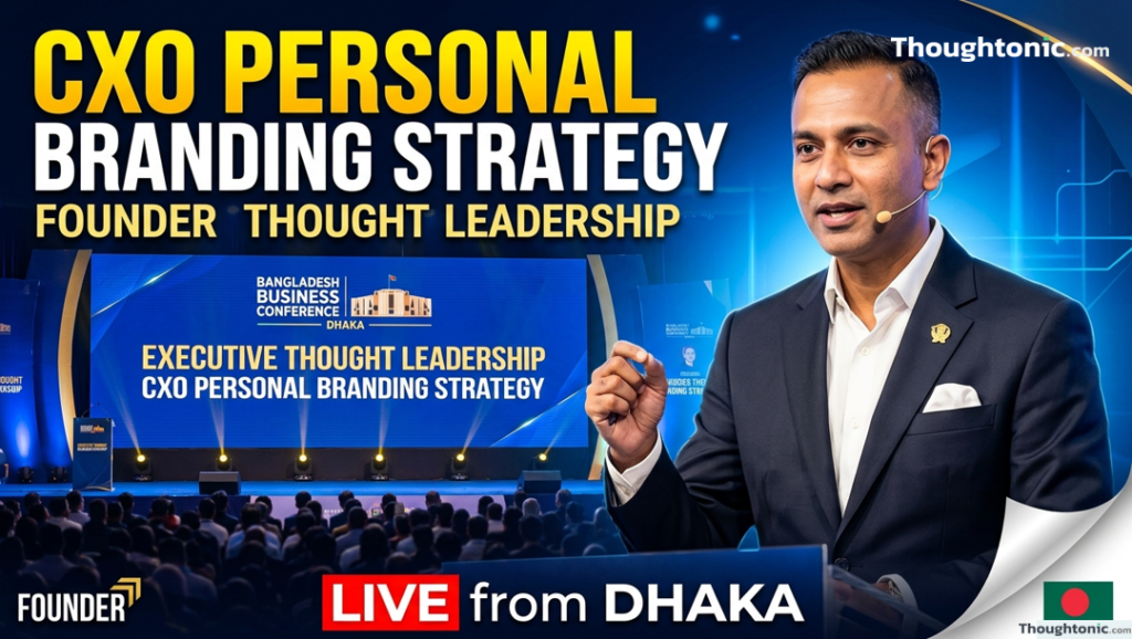 Founder speaking at a business conference in Dhaka, Bangladesh, representing executive thought leadership and CXO personal branding strategy
