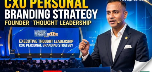 Founder speaking at a business conference in Dhaka, Bangladesh, representing executive thought leadership and CXO personal branding strategy