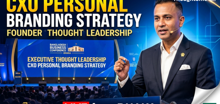 Founder speaking at a business conference in Dhaka, Bangladesh, representing executive thought leadership and CXO personal branding strategy