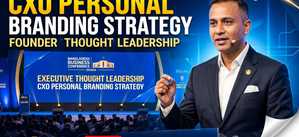 Founder speaking at a business conference in Dhaka, Bangladesh, representing executive thought leadership and CXO personal branding strategy