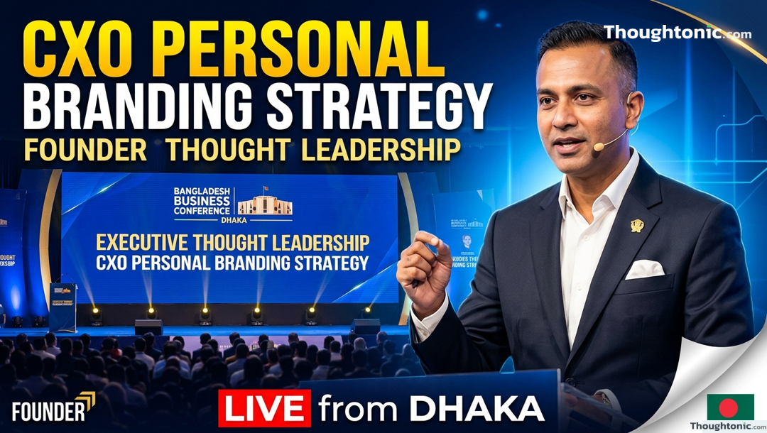 Founder speaking at a business conference in Dhaka, Bangladesh, representing executive thought leadership and CXO personal branding strategy