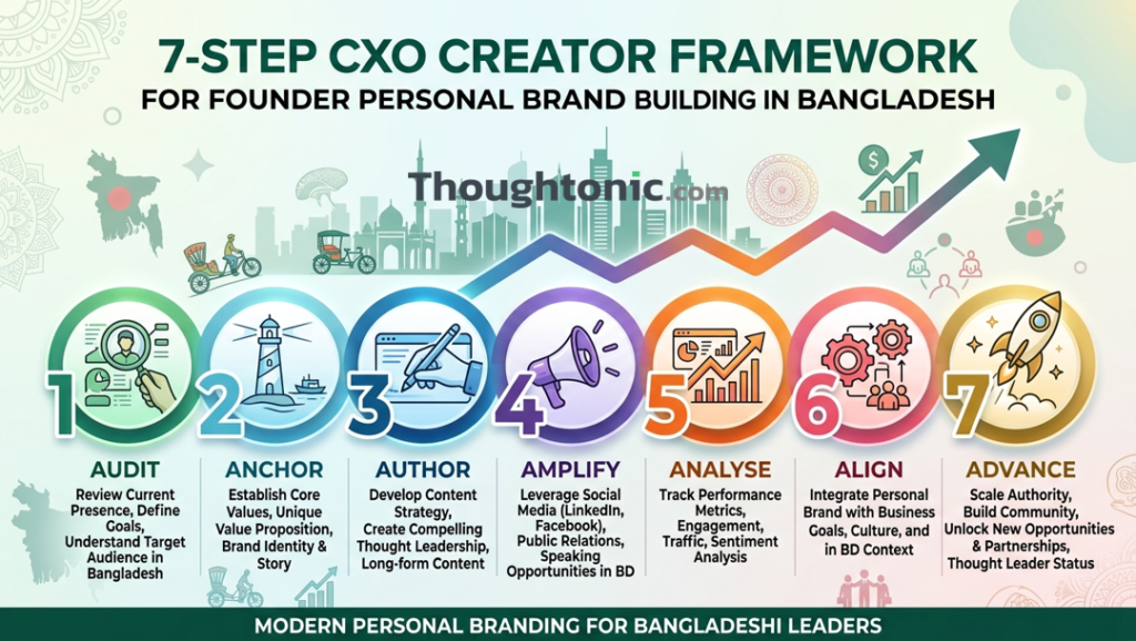7-step CXO Creator Framework showing Audit, Anchor, Author, Amplify, Analyse, Align, Advance steps for founder personal brand building in Bangladesh