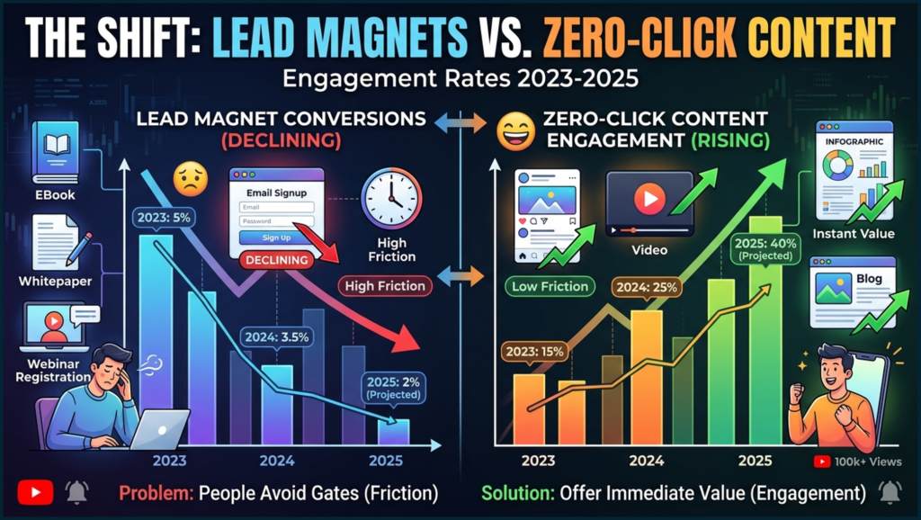 Infographic showing the decline of lead magnet conversions vs zero-click content engagement rates 2023-2025