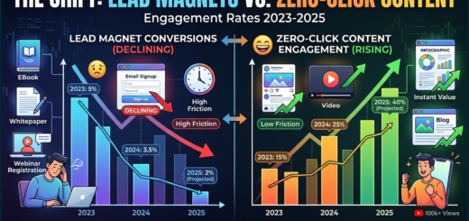 Infographic showing the decline of lead magnet conversions vs zero-click content engagement rates 2023-2025