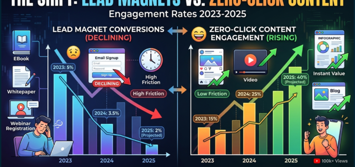 Infographic showing the decline of lead magnet conversions vs zero-click content engagement rates 2023-2025
