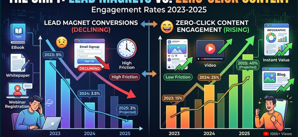 Infographic showing the decline of lead magnet conversions vs zero-click content engagement rates 2023-2025