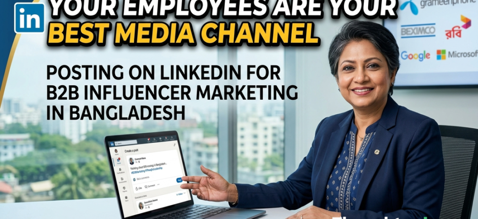 Senior professional posting thought leadership content on LinkedIn as part of a B2B influencer marketing strategy in Bangladesh