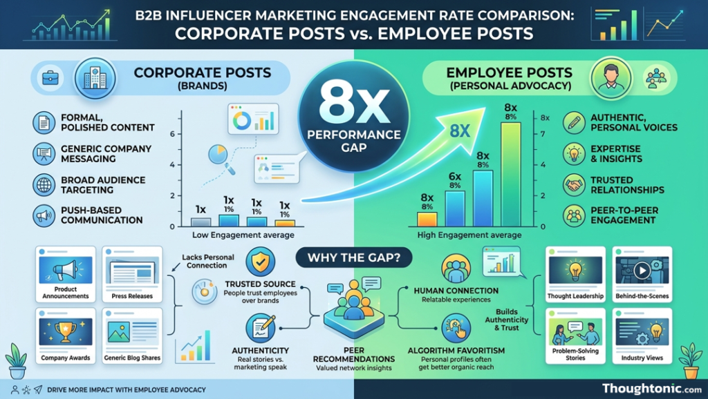 Infographic comparing engagement rates of corporate posts vs employee posts in B2B influencer marketing, showing 8x performance gap
