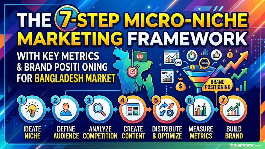 Infographic showing the 7-step micro-niche marketing framework with key metrics and brand positioning steps for Bangladesh market