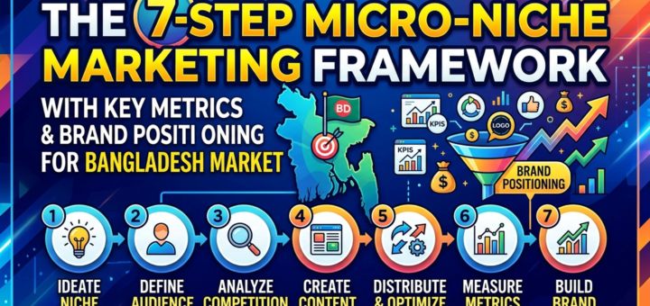 Infographic showing the 7-step micro-niche marketing framework with key metrics and brand positioning steps for Bangladesh market