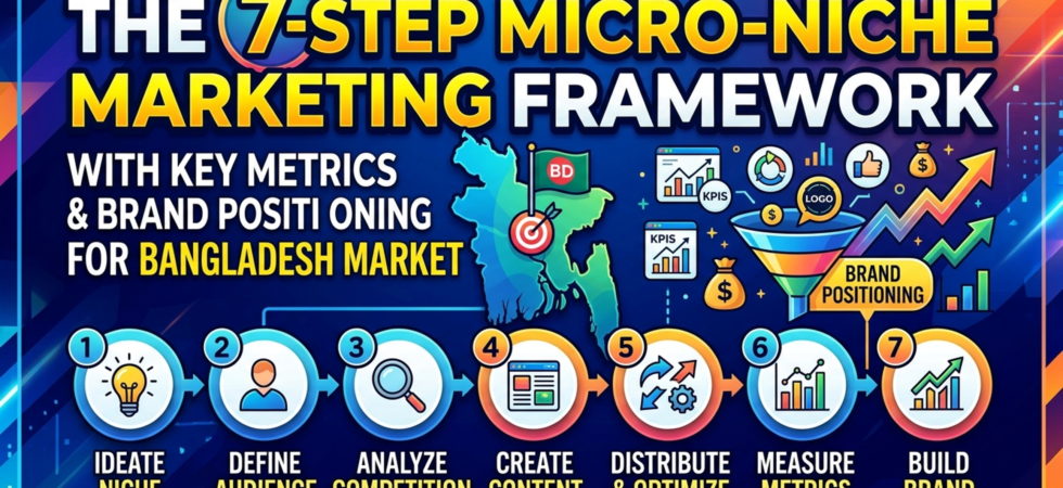 Infographic showing the 7-step micro-niche marketing framework with key metrics and brand positioning steps for Bangladesh market