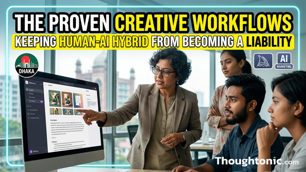 Senior marketing strategist in Dhaka reviewing AI-generated content on screen alongside a creative team