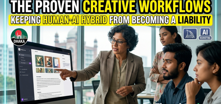 Senior marketing strategist in Dhaka reviewing AI-generated content on screen alongside a creative team