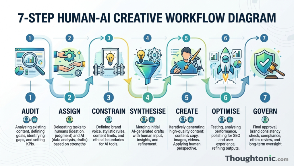 7-step human-AI creative workflow diagram: Audit, Assign, Constrain, Synthesise, Create, Optimise, Govern