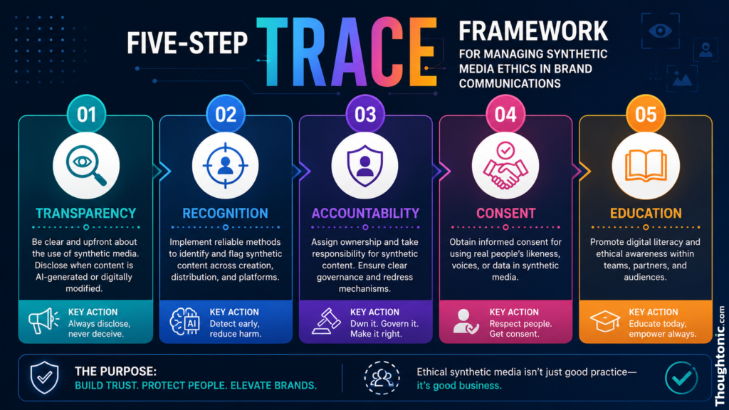 Five-step TRACE framework for managing synthetic media ethics in brand communications, including transparency, recognition, accountability, consent, and education