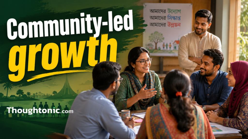 Diverse group of professionals engaged in genuine community conversation, warm collaborative setting, Bangladesh context