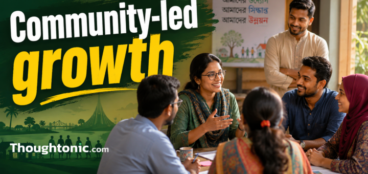 Diverse group of professionals engaged in genuine community conversation, warm collaborative setting, Bangladesh context