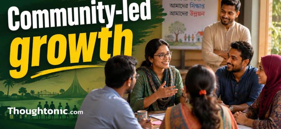 Diverse group of professionals engaged in genuine community conversation, warm collaborative setting, Bangladesh context