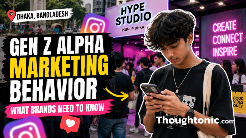 A teenager scrolling Instagram at a brand pop-up in Dhaka, representing Gen Z Alpha marketing behavior in Bangladesh