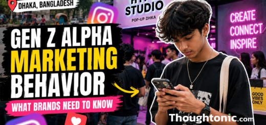 A teenager scrolling Instagram at a brand pop-up in Dhaka, representing Gen Z Alpha marketing behavior in Bangladesh
