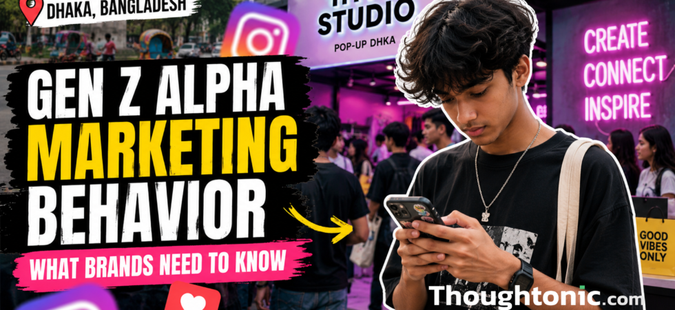 A teenager scrolling Instagram at a brand pop-up in Dhaka, representing Gen Z Alpha marketing behavior in Bangladesh