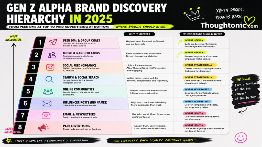 Gen Z Alpha brand discovery hierarchy in 2025 — from peer DMs at top to paid advertising at bottom — showing where brands should invest