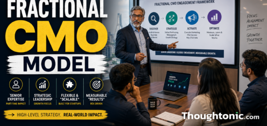 A senior marketing strategist presenting a fractional CMO engagement framework to a startup leadership team in a modern Dhaka boardroom