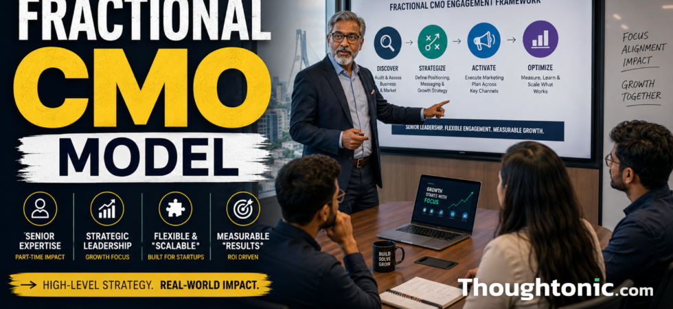 A senior marketing strategist presenting a fractional CMO engagement framework to a startup leadership team in a modern Dhaka boardroom