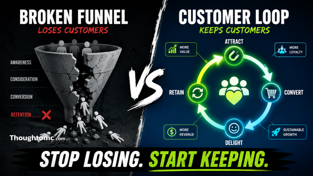 A split visual showing a broken funnel versus a closed customer loop, representing the shift to retention marketing strategy