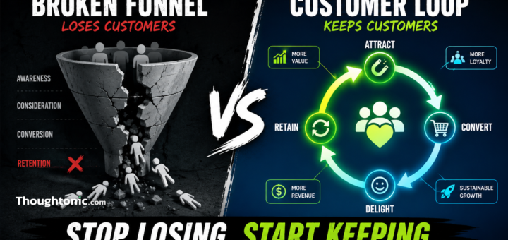 A split visual showing a broken funnel versus a closed customer loop, representing the shift to retention marketing strategy