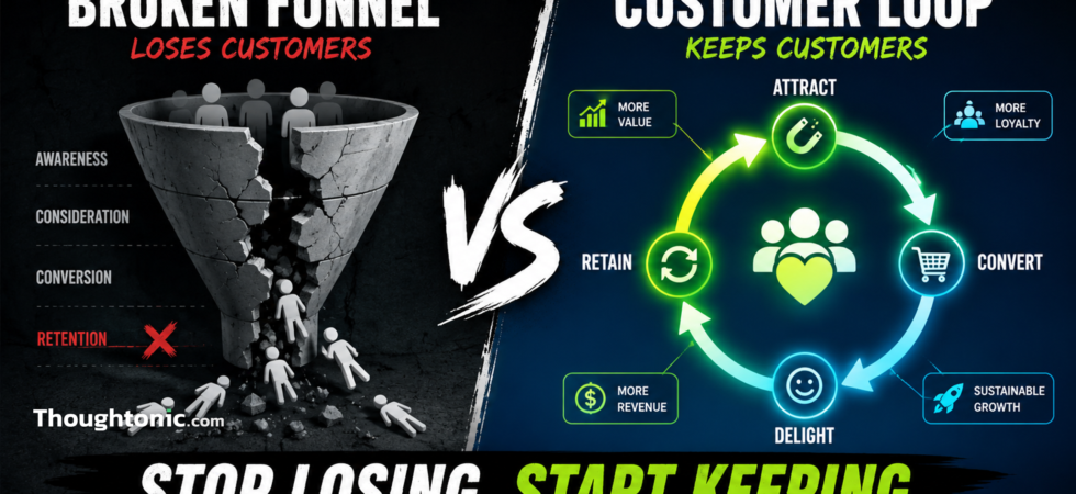 A split visual showing a broken funnel versus a closed customer loop, representing the shift to retention marketing strategy