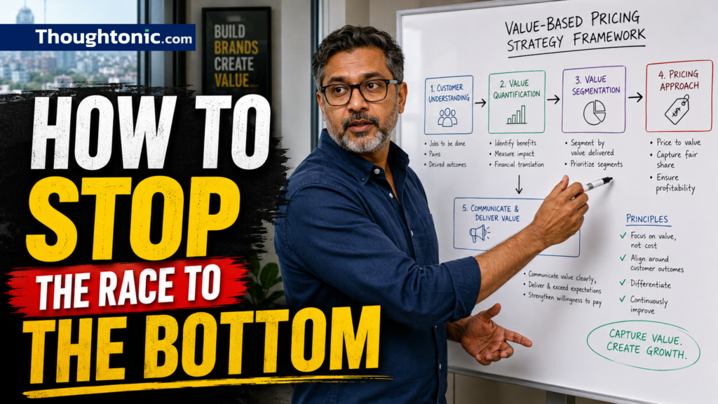 Senior marketer reviewing value-based pricing strategy framework on whiteboard in Dhaka office