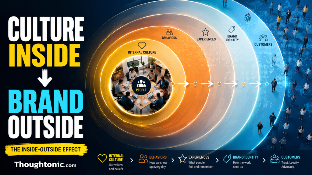 Abstract visual showing internal culture flowing outward to become external brand identity -- illustrated as concentric circles from an office to customers