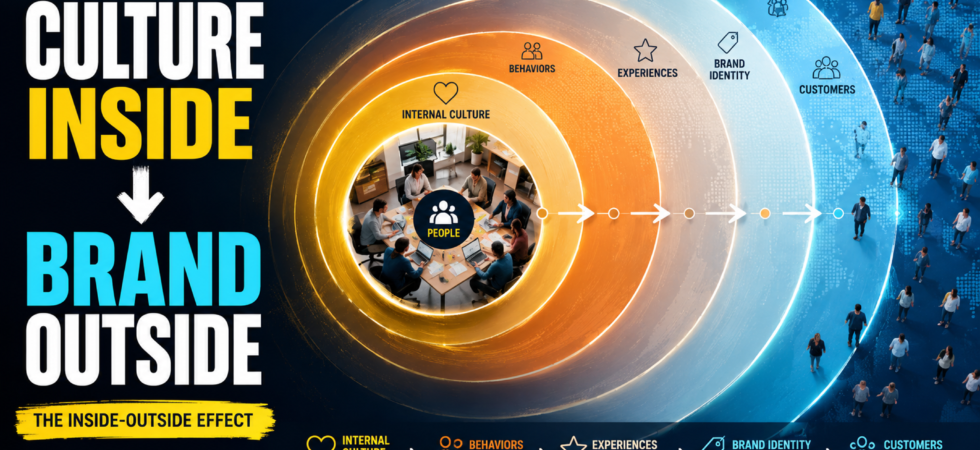 Abstract visual showing internal culture flowing outward to become external brand identity -- illustrated as concentric circles from an office to customers