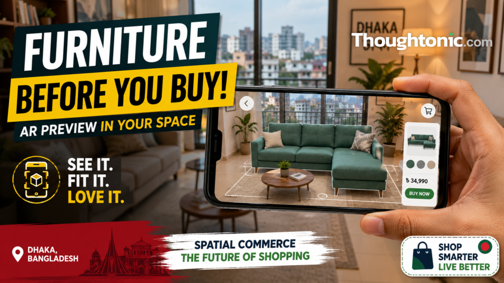 Smartphone displaying an augmented reality furniture preview in a Dhaka apartment living room, illustrating spatial commerce in Bangladesh