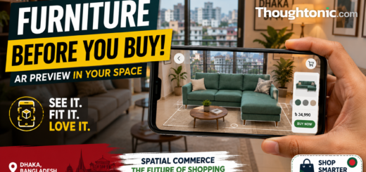 Smartphone displaying an augmented reality furniture preview in a Dhaka apartment living room, illustrating spatial commerce in Bangladesh