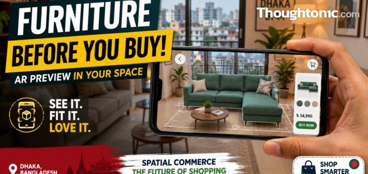 Smartphone displaying an augmented reality furniture preview in a Dhaka apartment living room, illustrating spatial commerce in Bangladesh