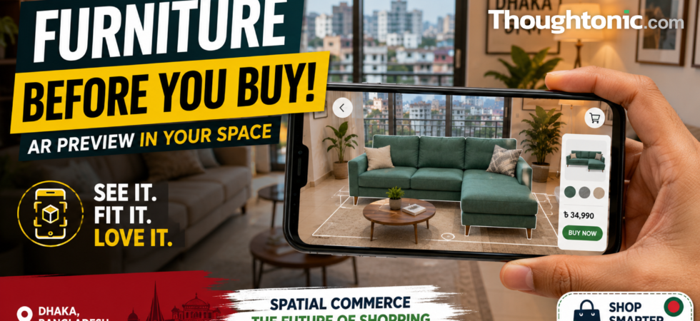 Smartphone displaying an augmented reality furniture preview in a Dhaka apartment living room, illustrating spatial commerce in Bangladesh