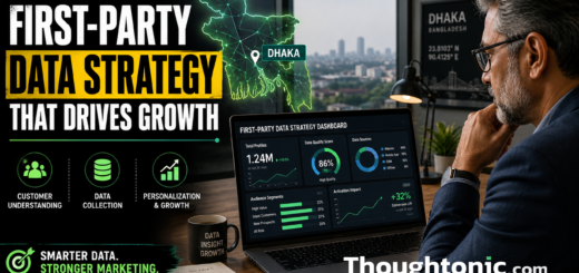 Senior marketer reviewing a first-party data strategy dashboard with Bangladesh map overlay, Dhaka office setting