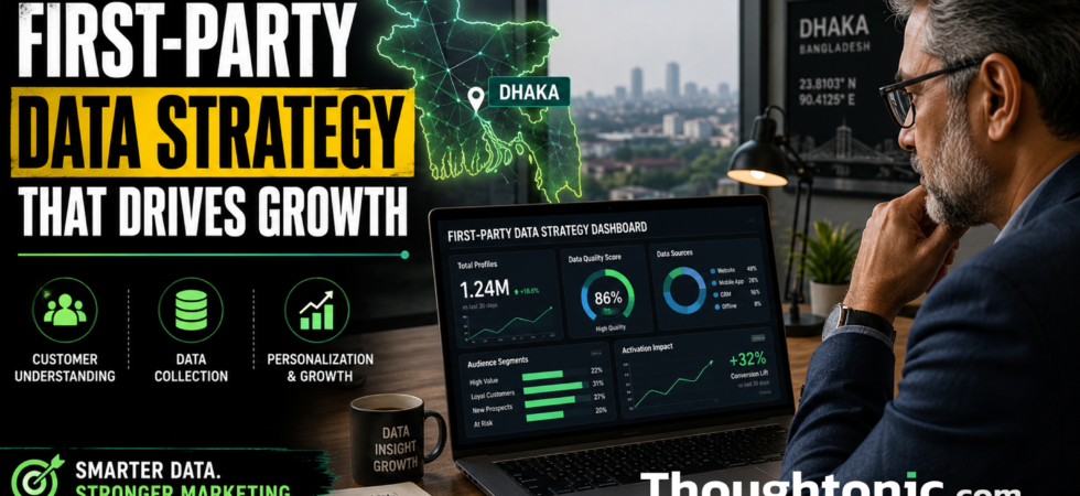 Senior marketer reviewing a first-party data strategy dashboard with Bangladesh map overlay, Dhaka office setting