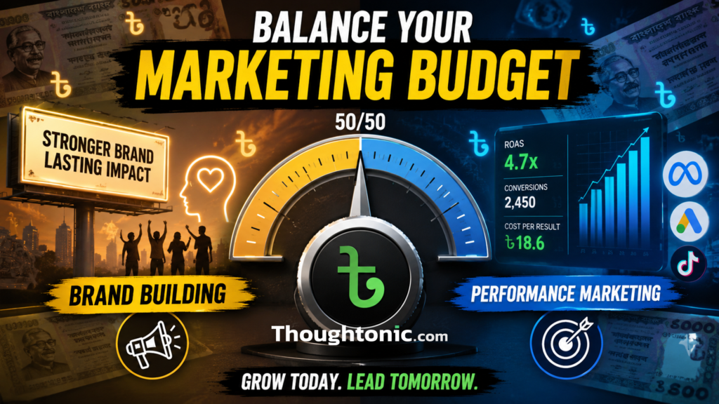 Split-screen illustration of a marketing budget dial balanced between brand building and performance marketing, Bangladesh taka symbols in background