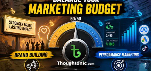 Split-screen illustration of a marketing budget dial balanced between brand building and performance marketing, Bangladesh taka symbols in background