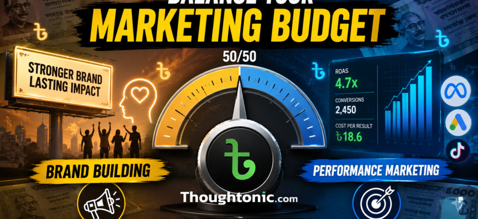 Split-screen illustration of a marketing budget dial balanced between brand building and performance marketing, Bangladesh taka symbols in background