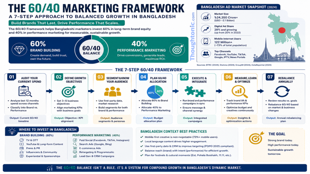Diagram of the 60/40 marketing framework showing seven steps from budget audit to annual rebalancing, applied to Bangladesh's ad market