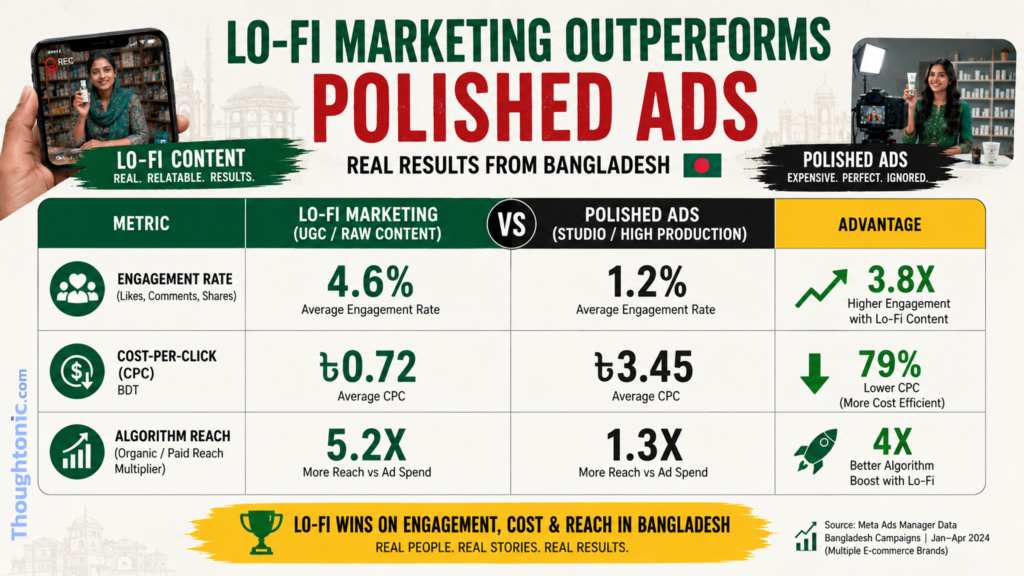 Comparison table showing lo-fi marketing outperforming polished ads on engagement, cost-per-click, and algorithm reach in Bangladesh