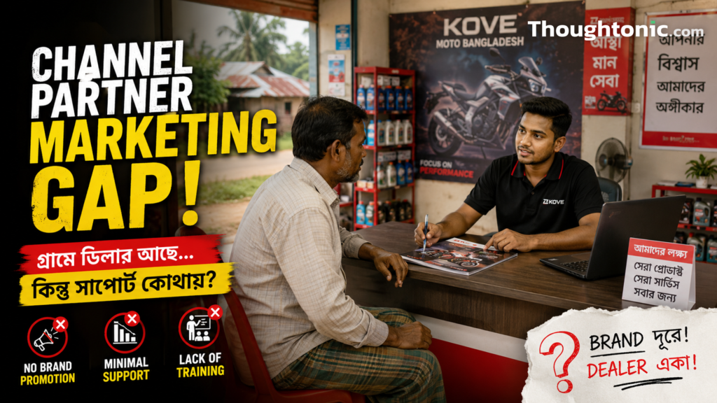 Dealer showroom counter in rural Bangladesh with sales staff and customer, illustrating the channel partner marketing gap